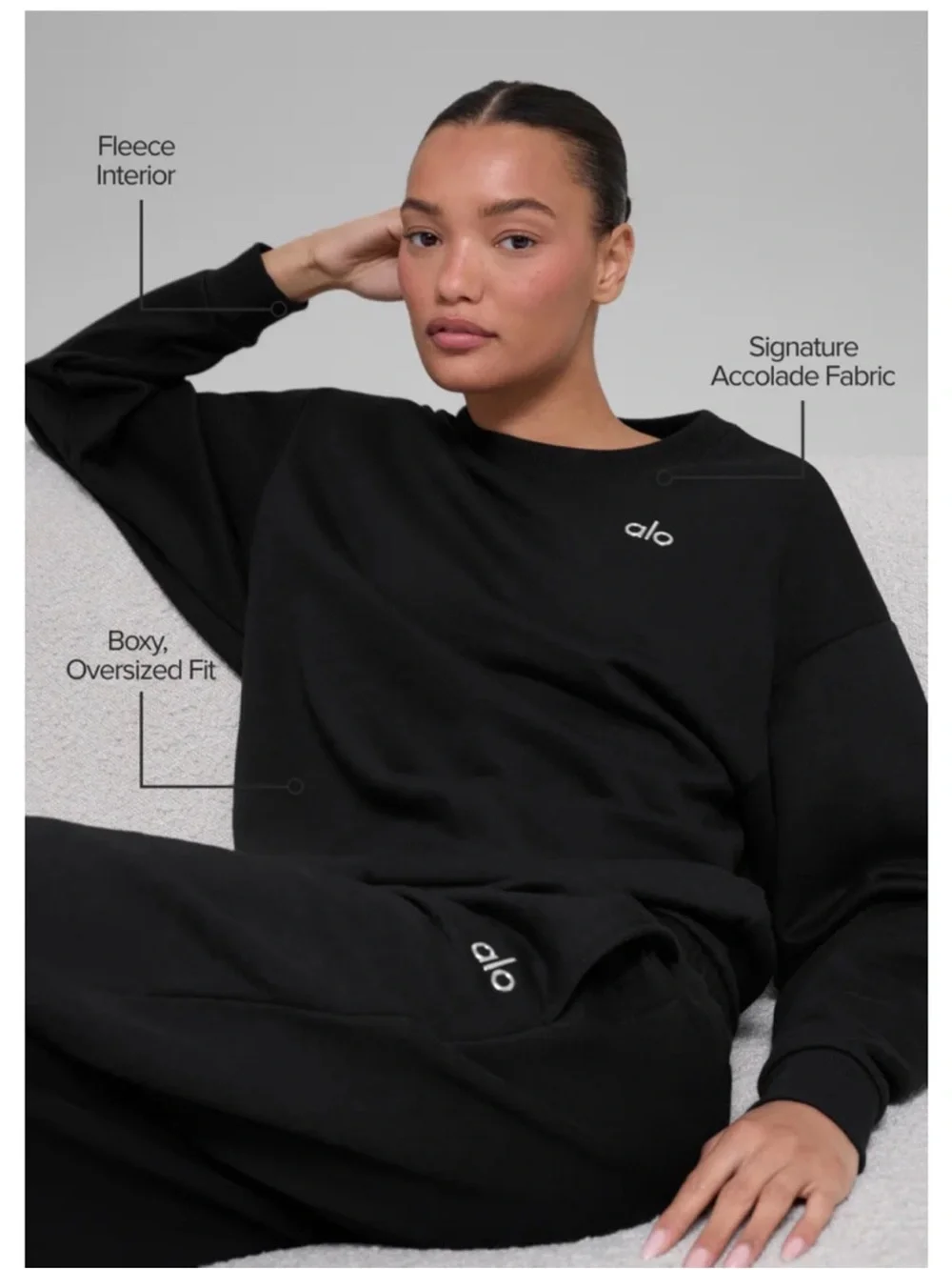Alo Yoga Accolade Set Crewneck Pullover Sweater + Sweatpants Black Sz S 4-6